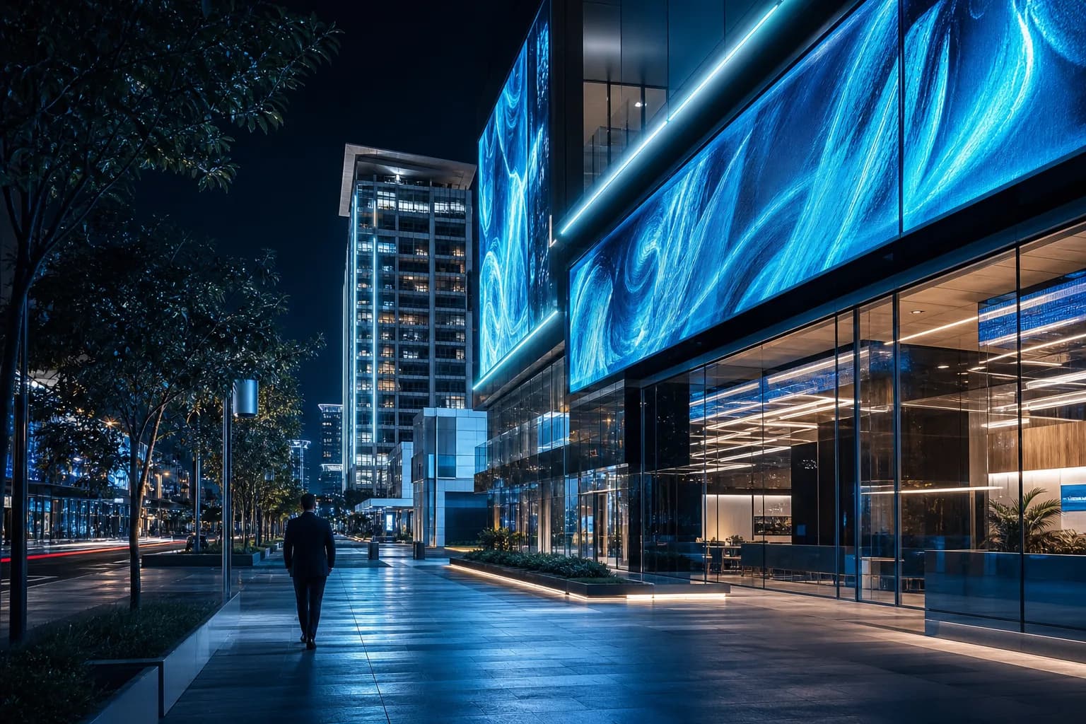 Espacio comercial nocturno con pantallas LED de alto impacto